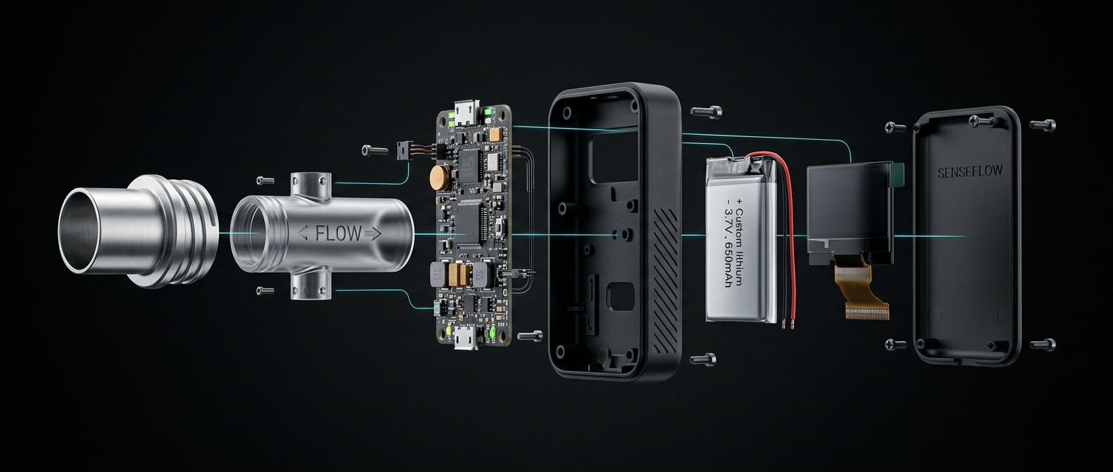 Exploded technical view of the ONYX device showing enclosure, flow sensor, circuit board, battery, and mouthpiece